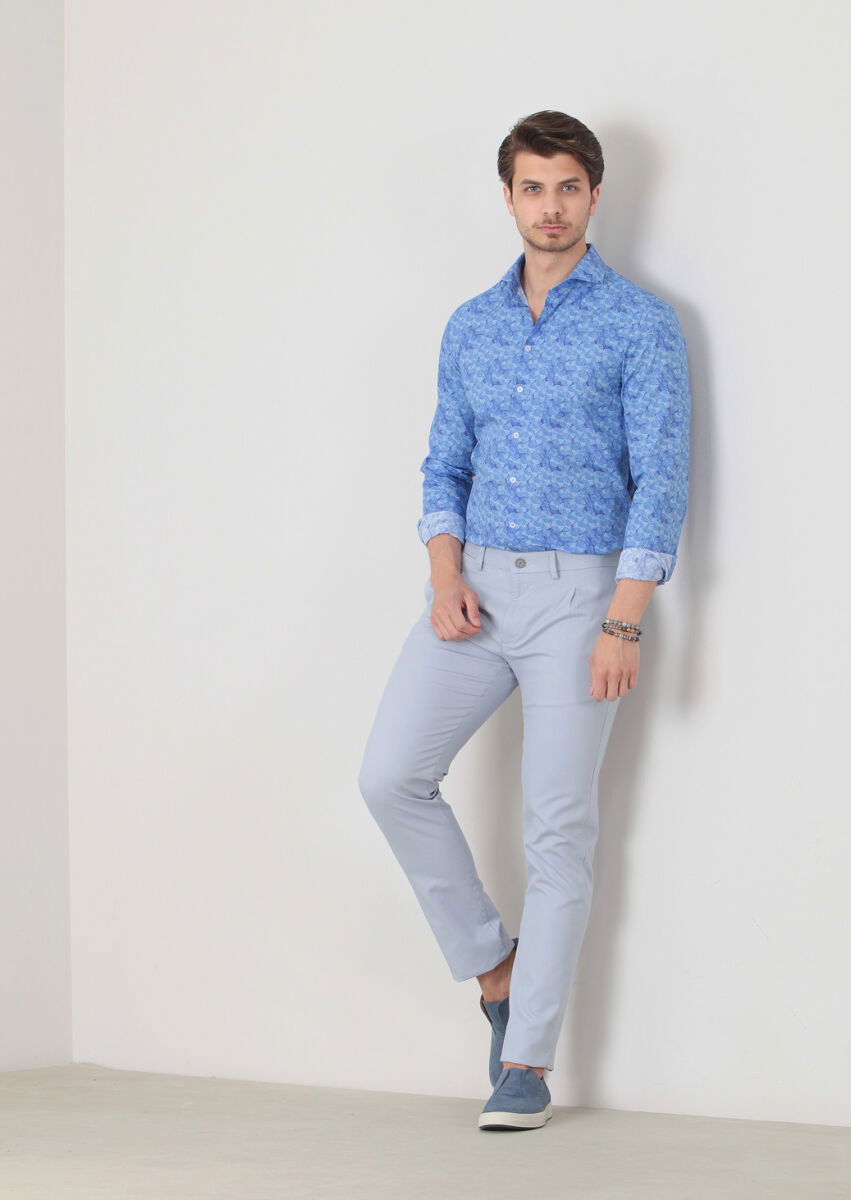 Mavi Düz Dokuma Slim Fit Casual Pamuk Karışımlı Pantolon - 2
