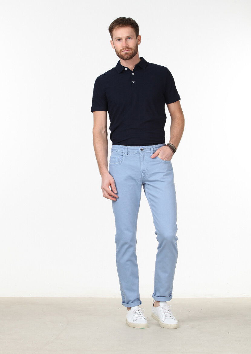 Mavi Düz Dokuma Slim Fit Casual Pamuk Karışımlı Pantolon 
