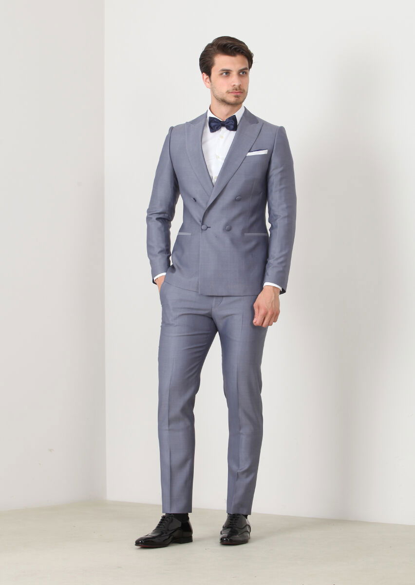 Mavi Düz Fashion Slim Fit Kruvaze Yaka Dokuma Smokin Takım Elbise - 1