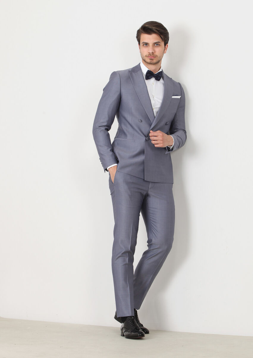 Mavi Düz Fashion Slim Fit Kruvaze Yaka Dokuma Smokin Takım Elbise - 2