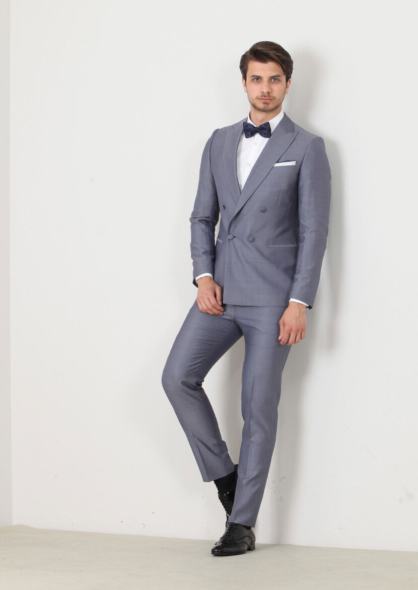 Mavi Düz Fashion Slim Fit Kruvaze Yaka Dokuma Smokin Takım Elbise - 3