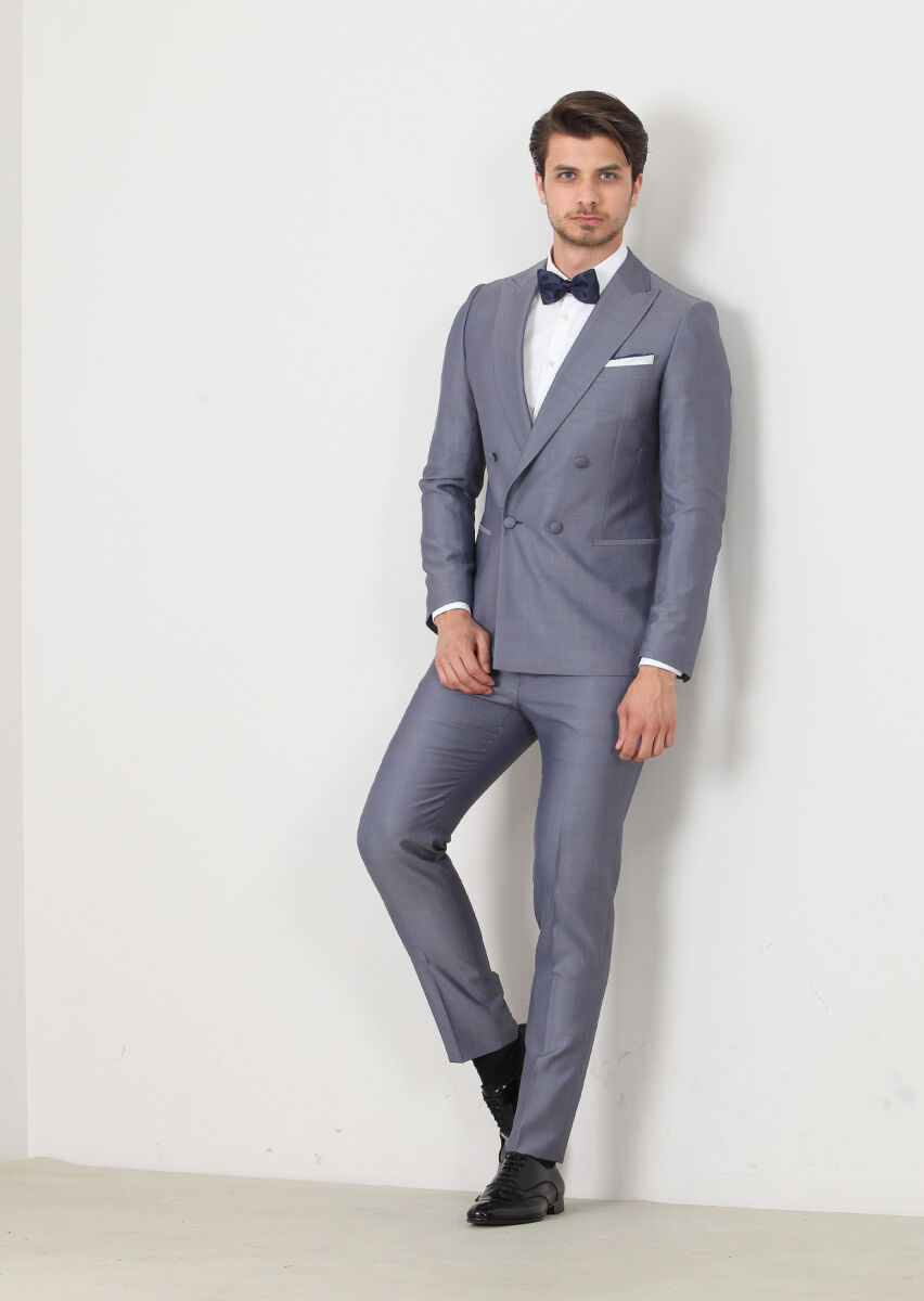 Mavi Düz Fashion Slim Fit Kruvaze Yaka Dokuma Smokin Takım Elbise - 3