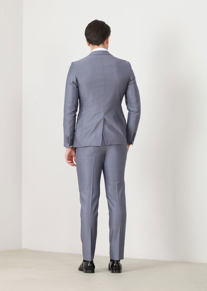 Mavi Düz Fashion Slim Fit Kruvaze Yaka Dokuma Smokin Takım Elbise - 6