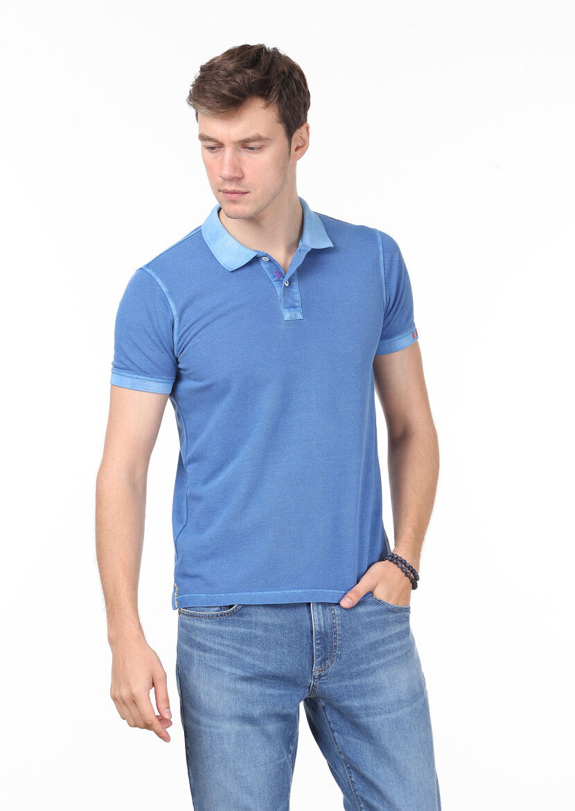 Mavi Düz Polo Yaka %100 Pamuk T-Shirt 