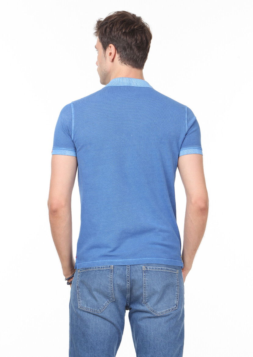 Mavi Düz Polo Yaka %100 Pamuk T-Shirt - 4