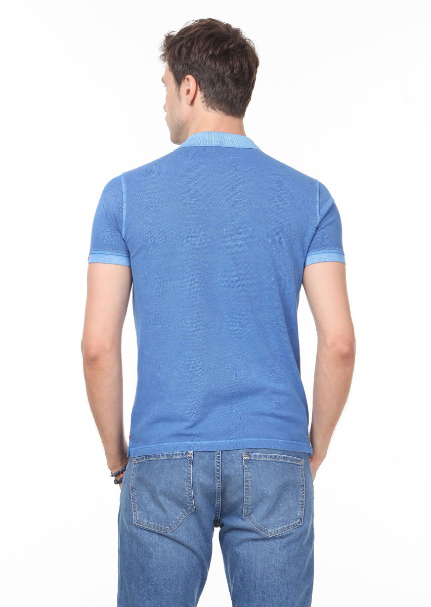 Mavi Düz Polo Yaka %100 Pamuk T-Shirt - 4