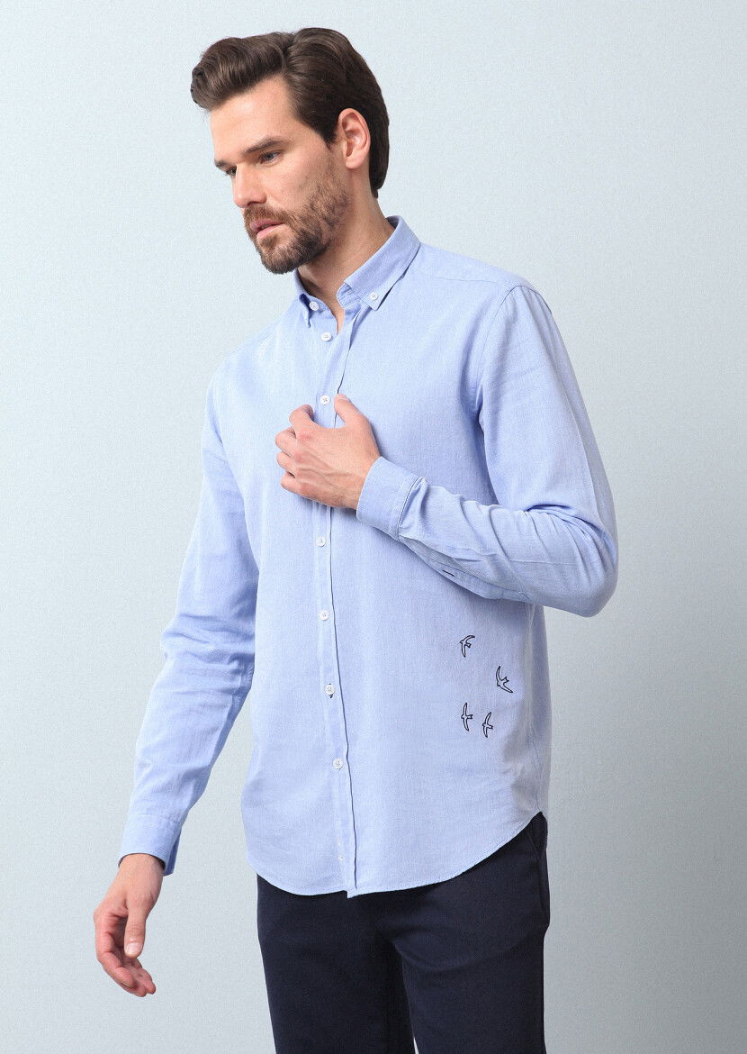 Mavi Düz Regular Fit Dokuma Casual %100 Pamuk Gömlek - 1