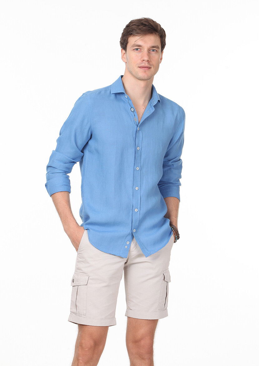 Mavi Düz Regular Fit Dokuma Casual Pamuk Karışımlı Gömlek 