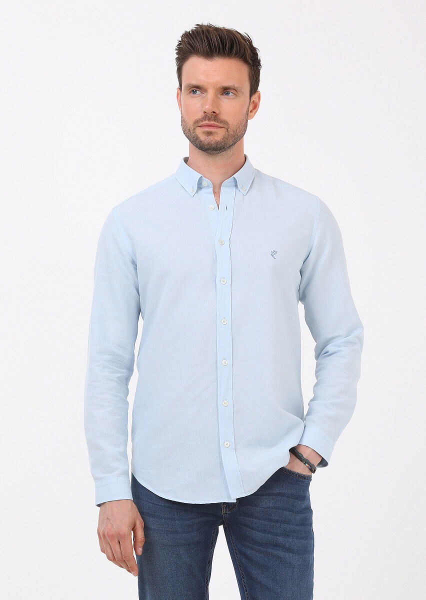 Mavi Düz Regular Fit Dokuma Casual Pamuk Karışımlı Gömlek - 1