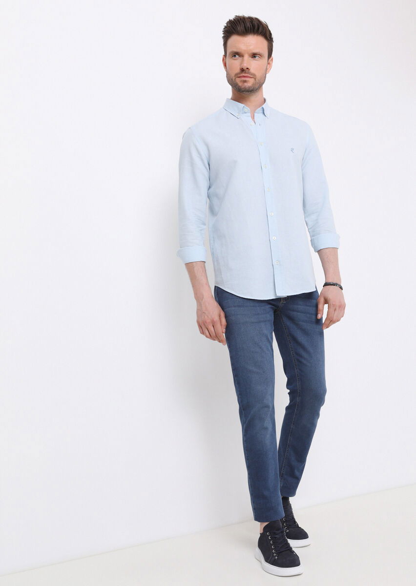 Mavi Düz Regular Fit Dokuma Casual Pamuk Karışımlı Gömlek - 4