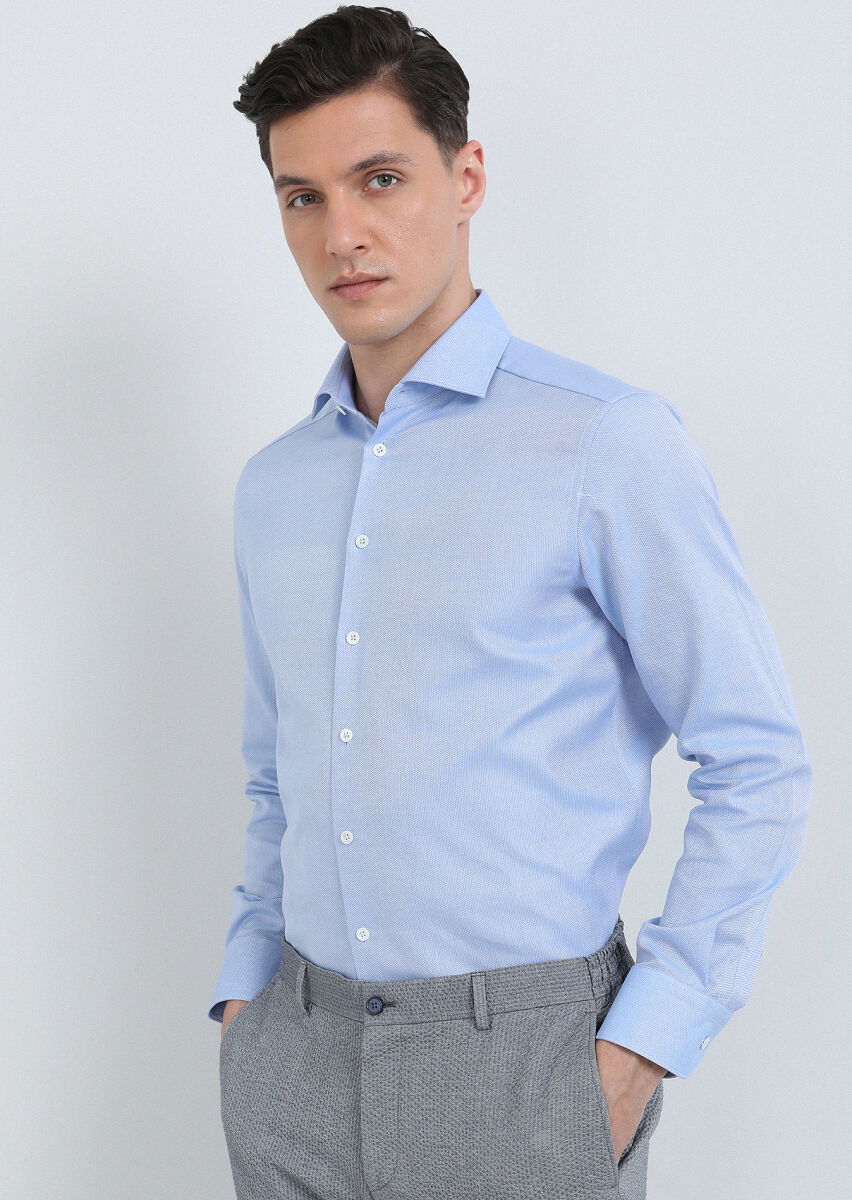 Mavi Düz Regular Fit Dokuma Klasik %100 Pamuk Gömlek - 2