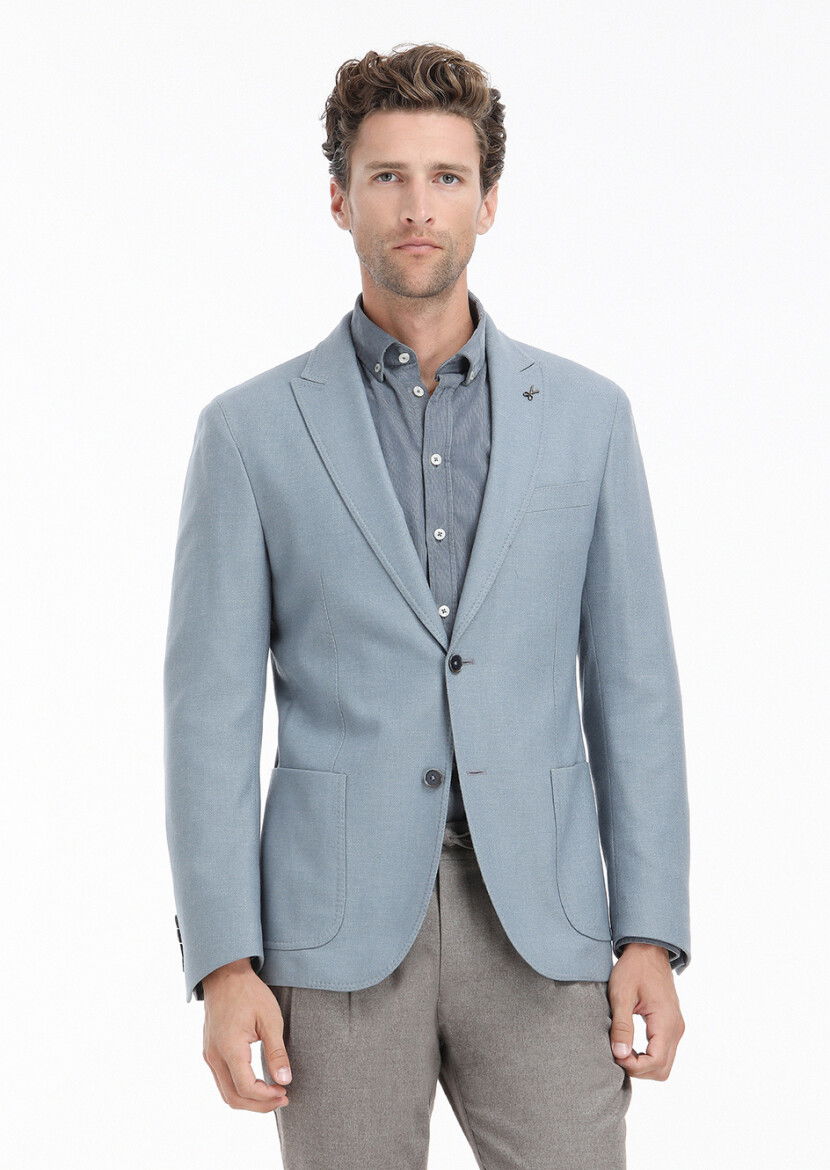 Mavi Düz Shirt Shoulder Slim Fit Yün Karışımlı Ceket - 2