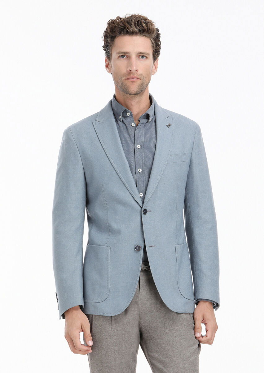 Mavi Düz Shirt Shoulder Slim Fit Yün Karışımlı Ceket - 2