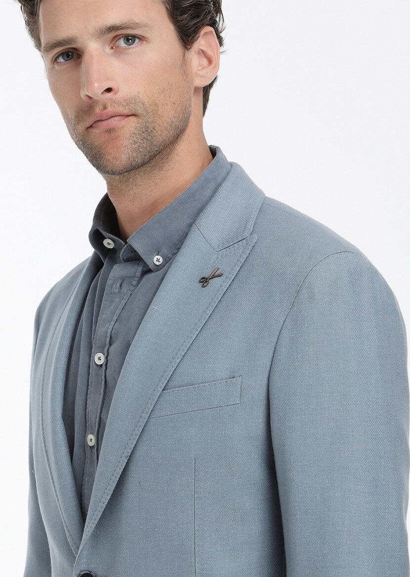 Mavi Düz Shirt Shoulder Slim Fit Yün Karışımlı Ceket - 4