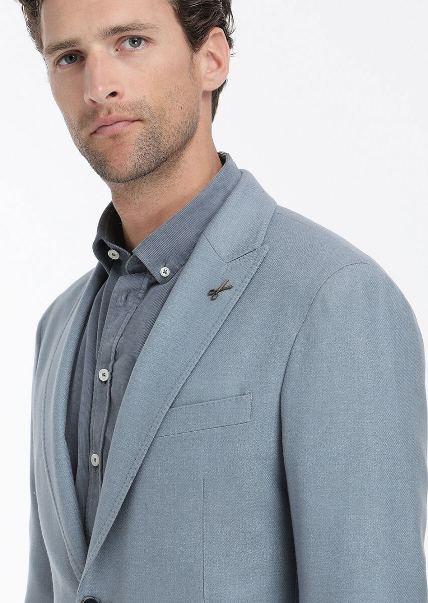 Mavi Düz Shirt Shoulder Slim Fit Yün Karışımlı Ceket - 4
