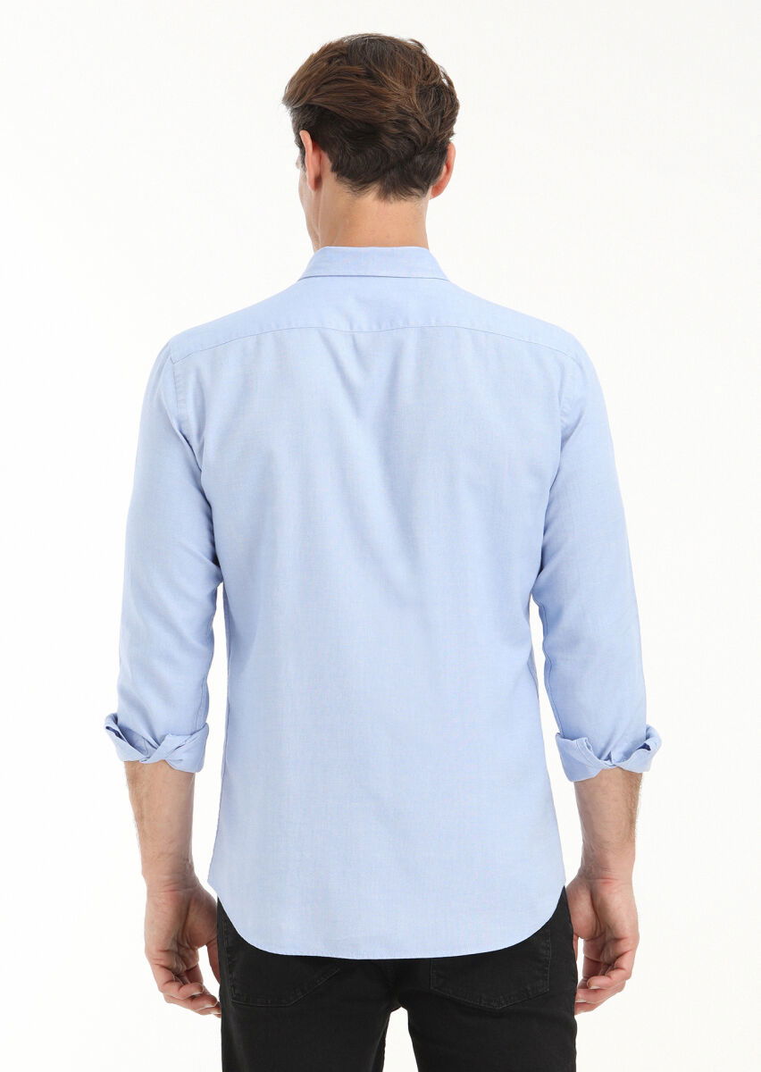 Mavi Düz Slim Fit Dokuma Casual %100 Pamuk Gömlek - 4