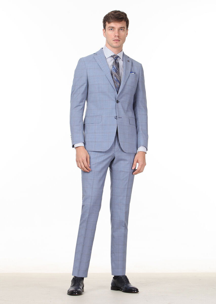 Mavi Kareli Modern Fit %100 Yün Takım Elbise - 3