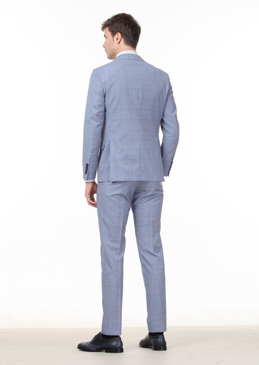 Mavi Kareli Modern Fit %100 Yün Takım Elbise - 4