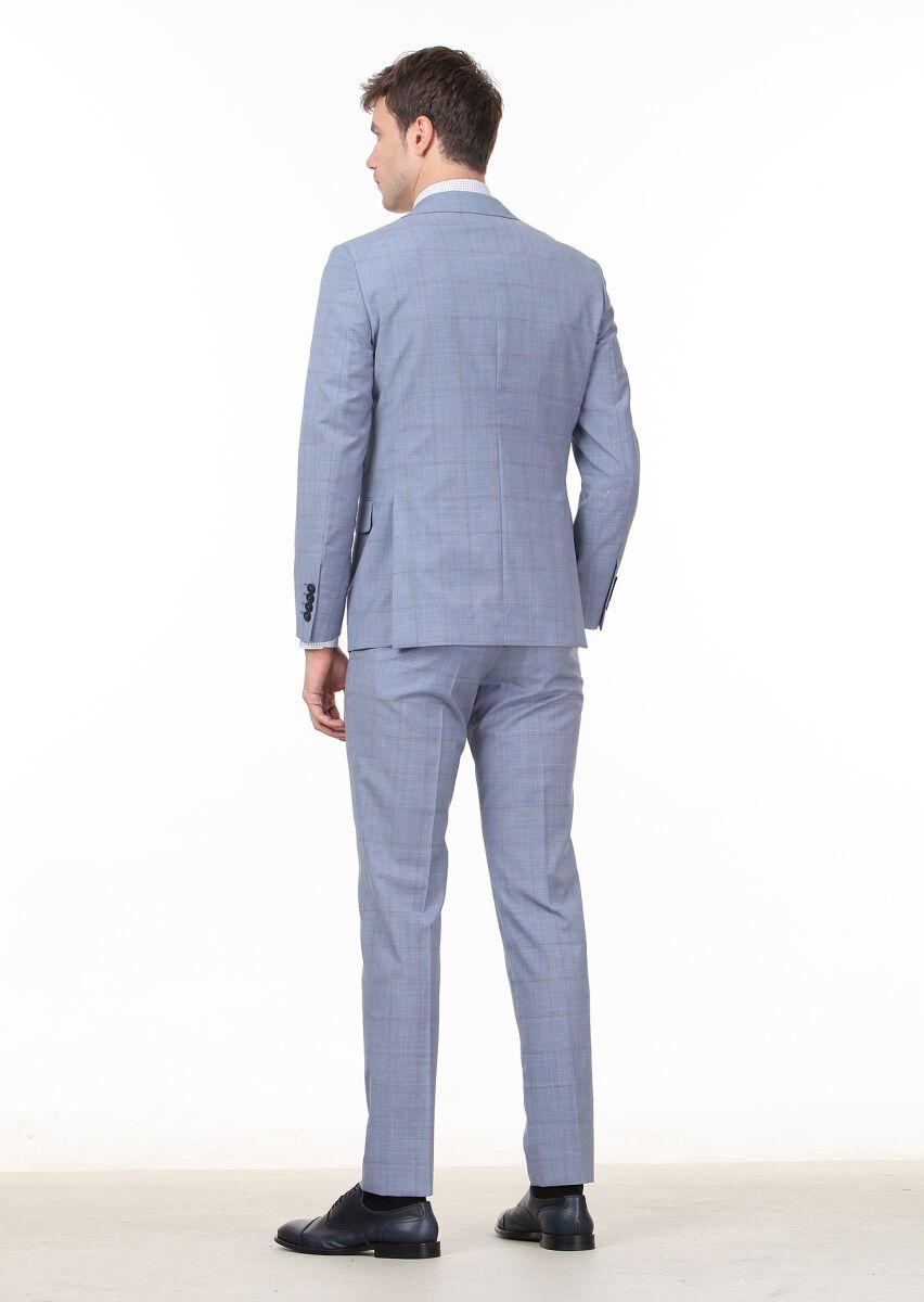 Mavi Kareli Modern Fit %100 Yün Takım Elbise - 4