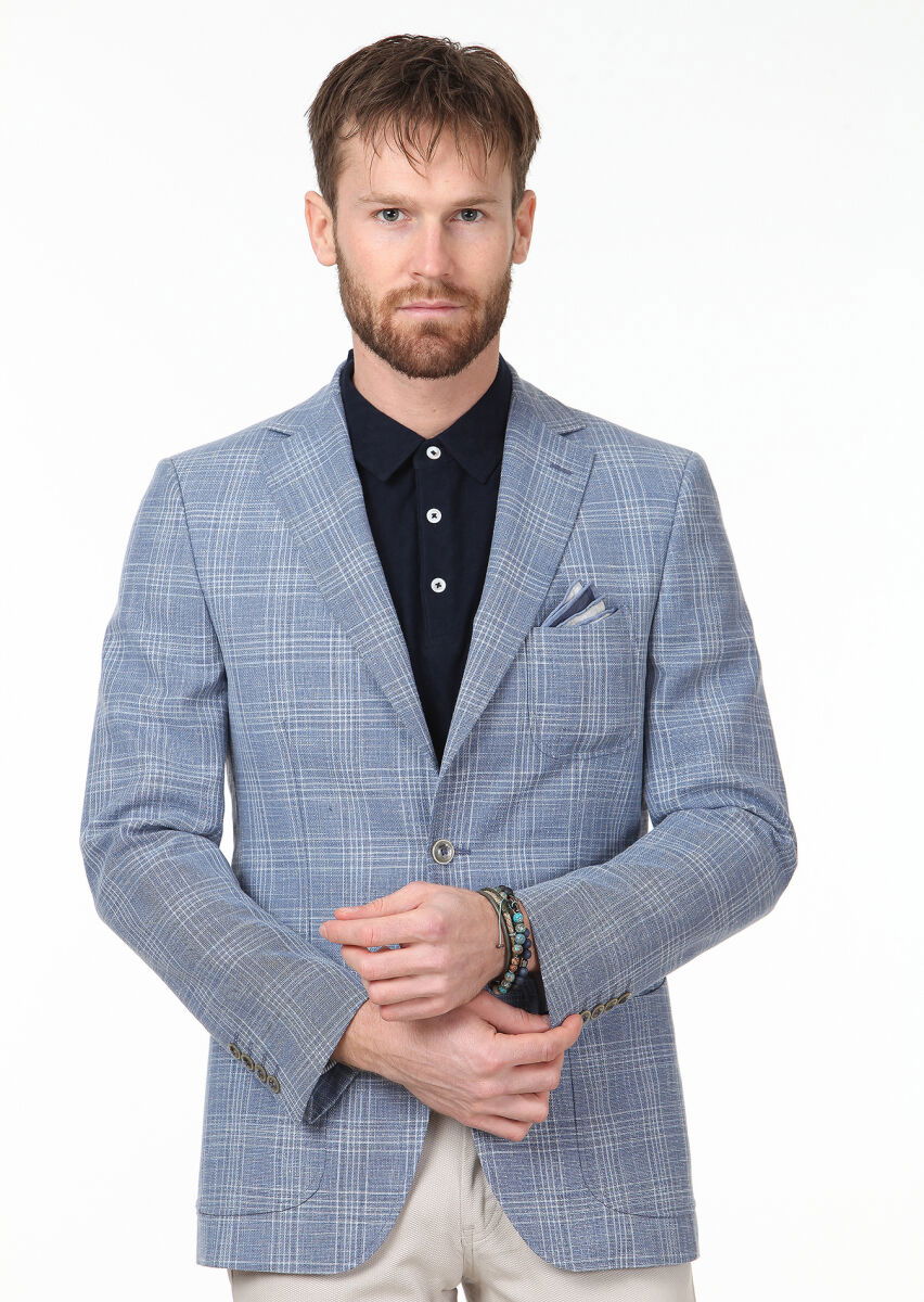 Mavi Kareli Modern Fit Yün Karışımlı Ceket - 3