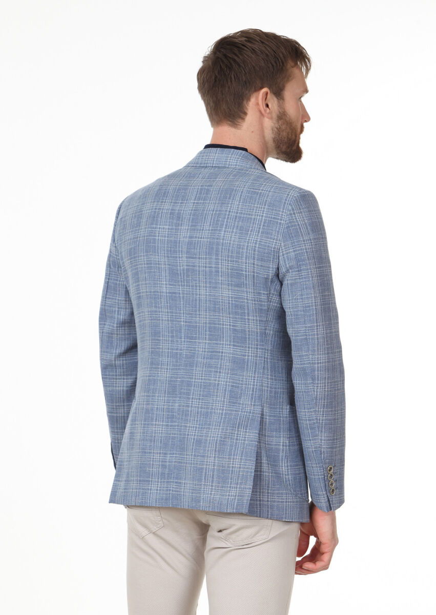 Mavi Kareli Modern Fit Yün Karışımlı Ceket - 4