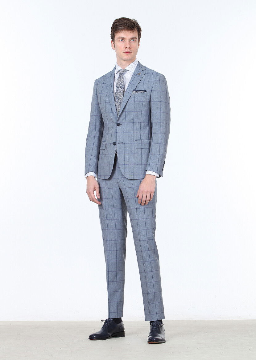Mavi Kareli Zeroweight Slim Fit %100 Yün Takım Elbise - 1