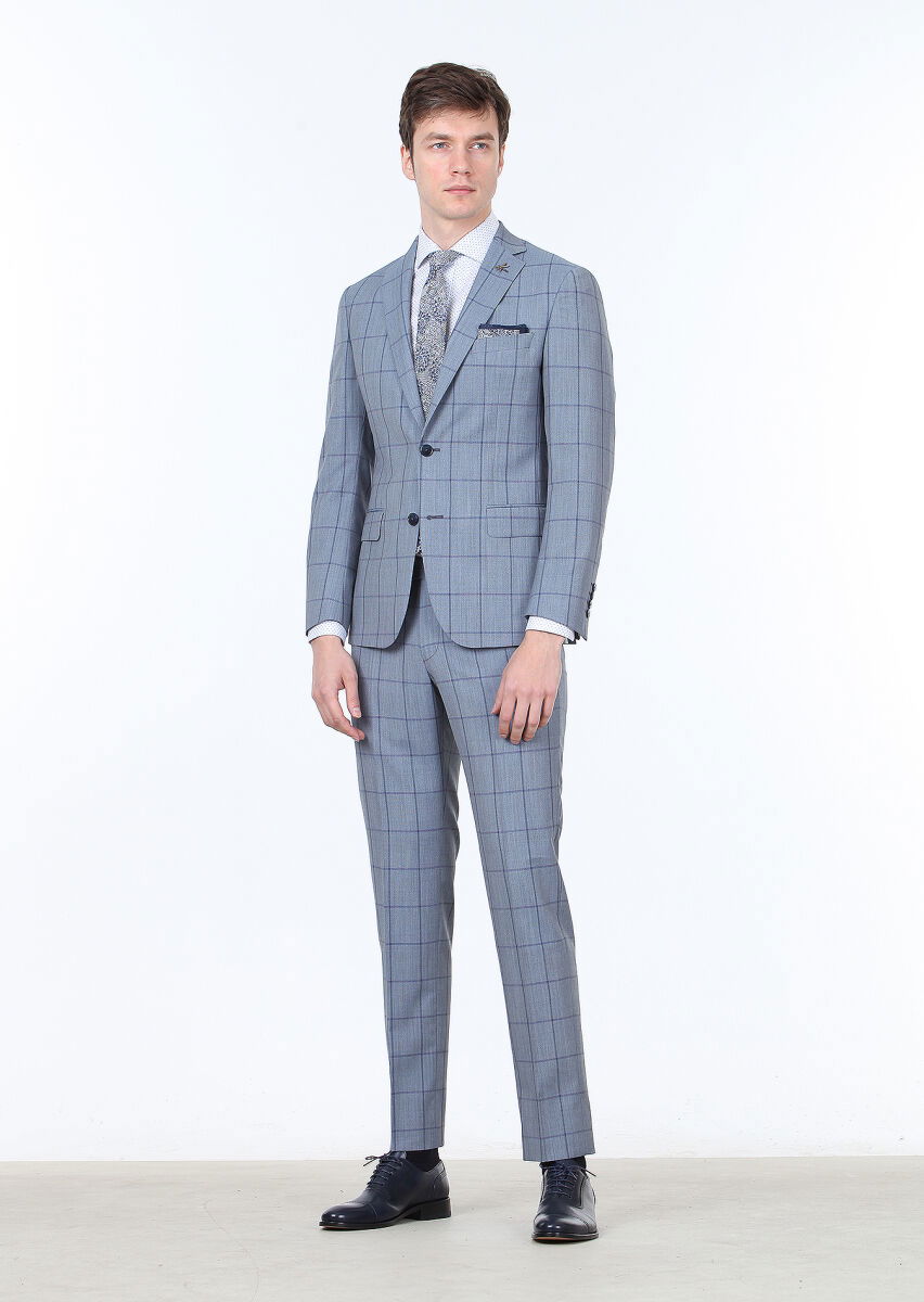 Mavi Kareli Zeroweight Slim Fit %100 Yün Takım Elbise - 1
