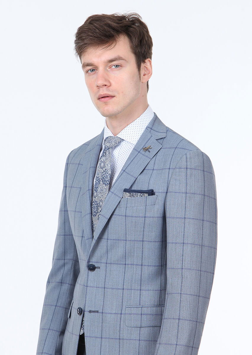 Mavi Kareli Zeroweight Slim Fit %100 Yün Takım Elbise - 3