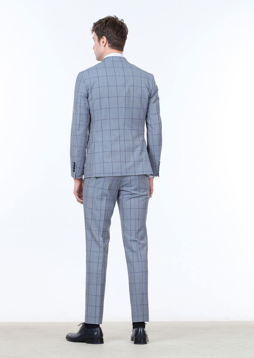 Mavi Kareli Zeroweight Slim Fit %100 Yün Takım Elbise - 4