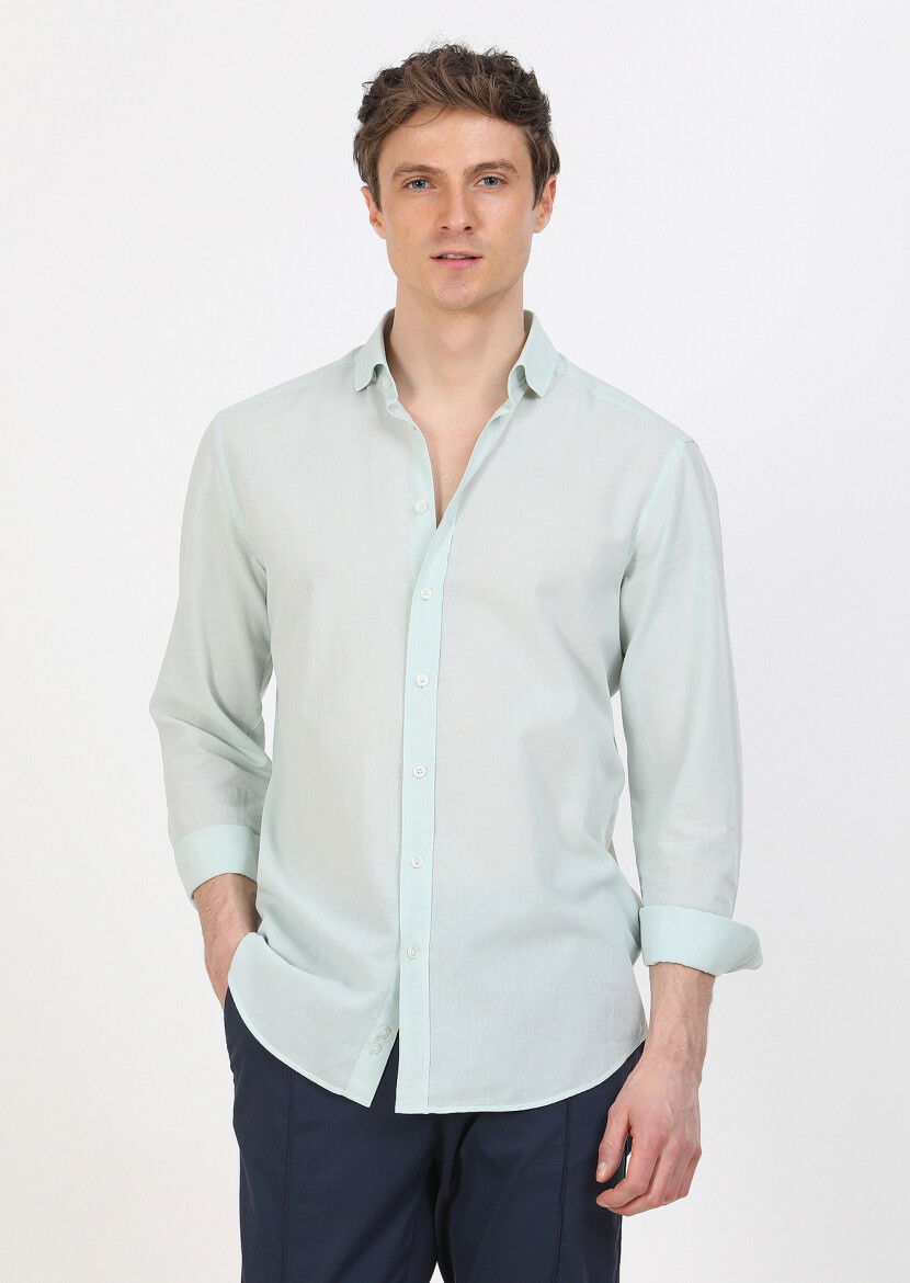 Mint Düz Regular Fit Dokuma Casual %100 Pamuk Gömlek 
