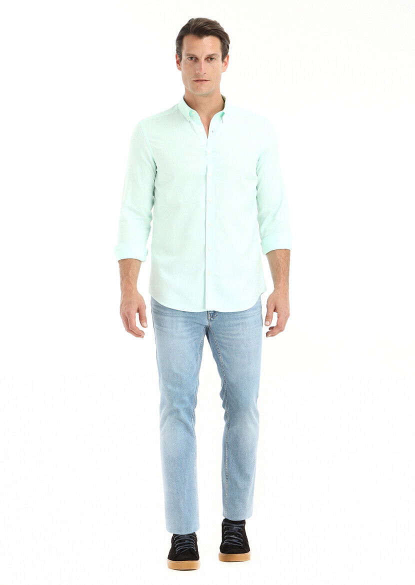 Mint Düz Slim Fit Dokuma Casual %100 Pamuk Gömlek 