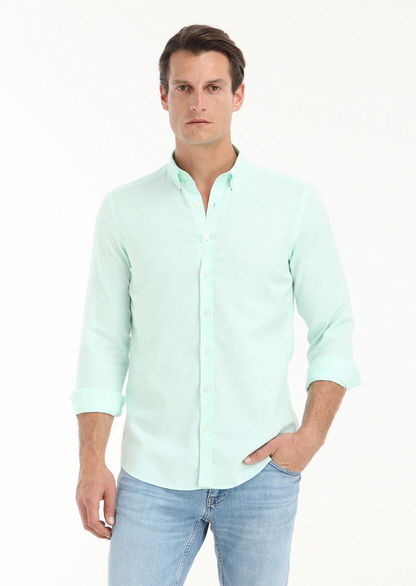 Mint Düz Slim Fit Dokuma Casual %100 Pamuk Gömlek 