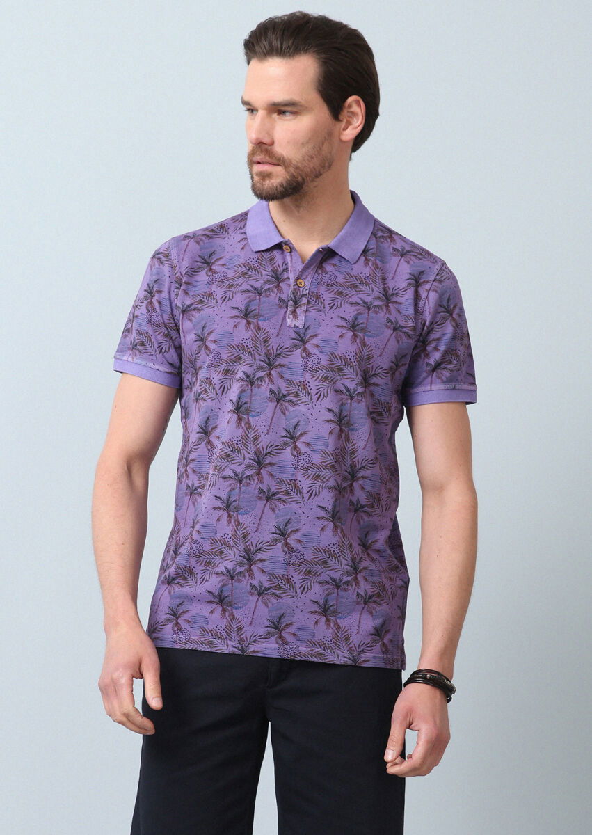 Mor Baskılı Polo Yaka %100 Pamuk T-Shirt - 2