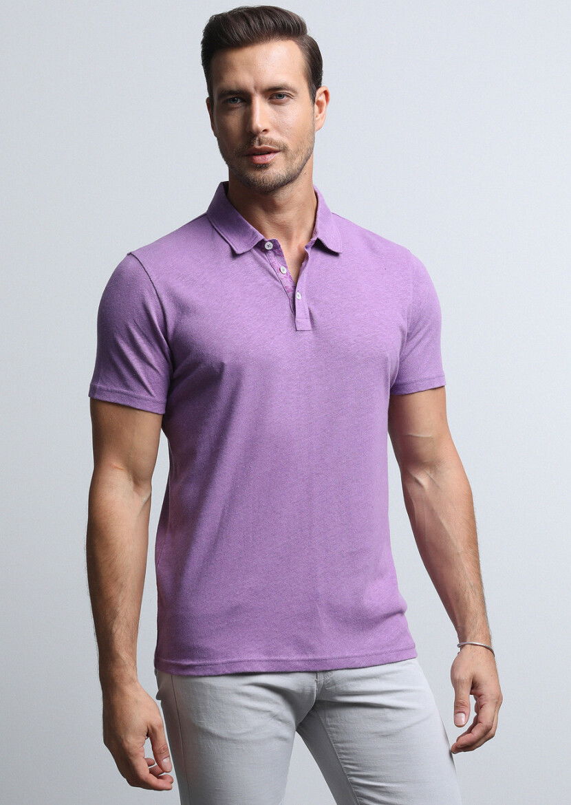 Mor Baskılı Polo Yaka Pamuk Karışımlı T-Shirt 