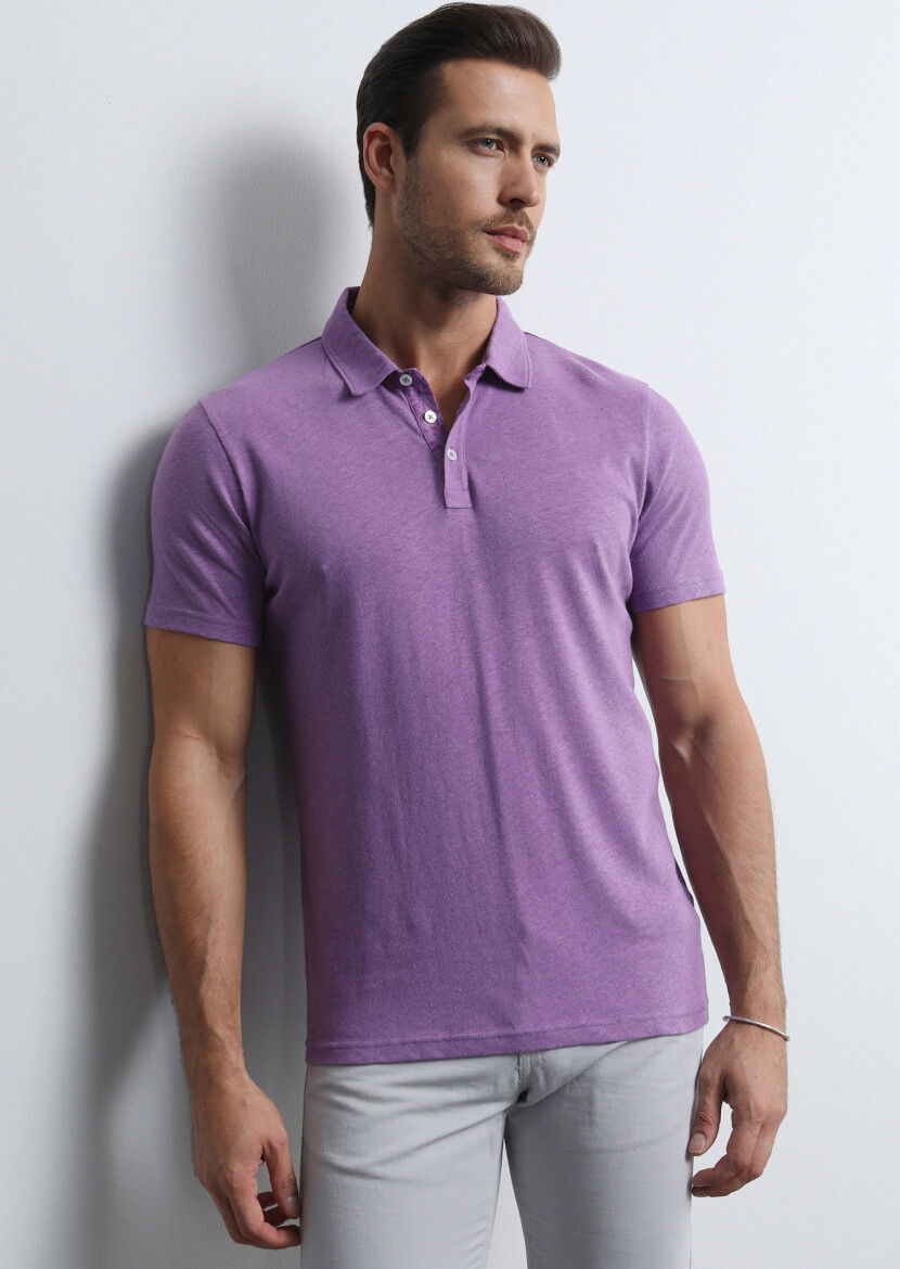 Mor Baskılı Polo Yaka Pamuk Karışımlı T-Shirt - 2