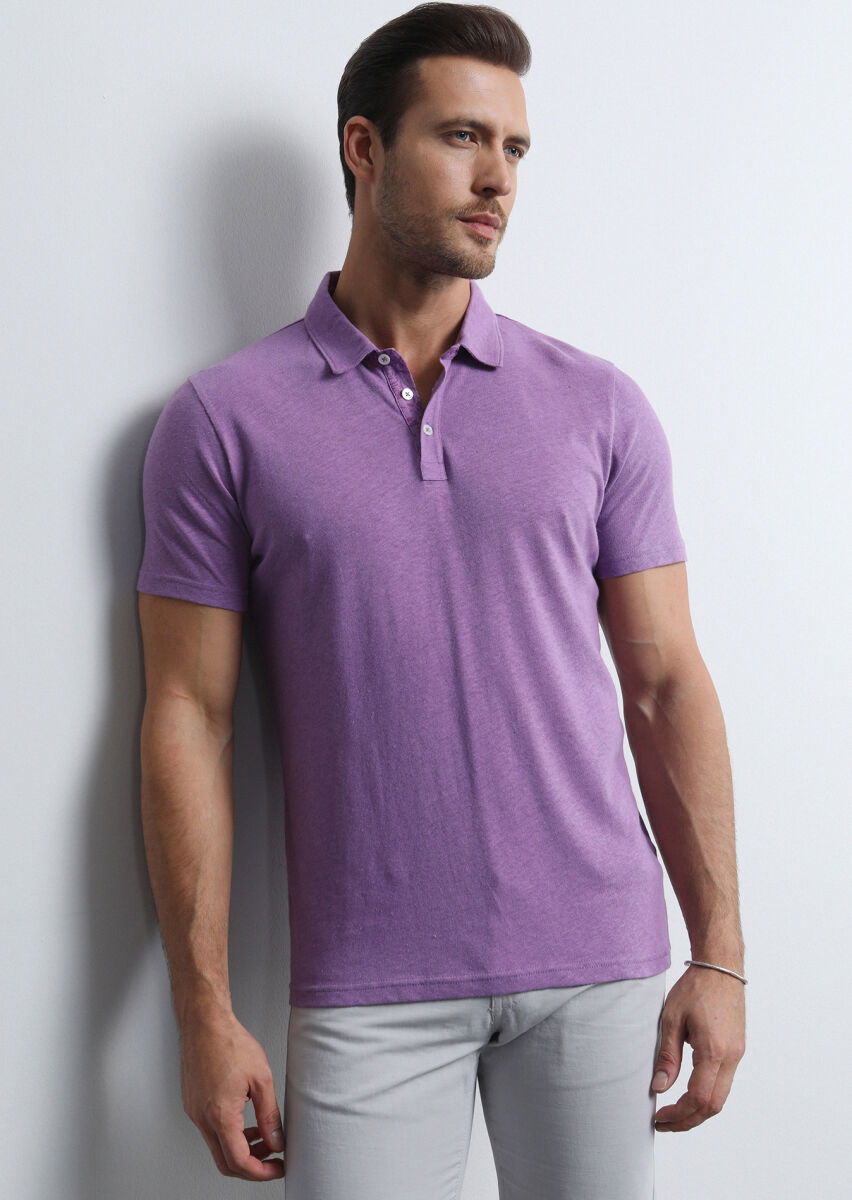 Mor Baskılı Polo Yaka Pamuk Karışımlı T-Shirt - 2