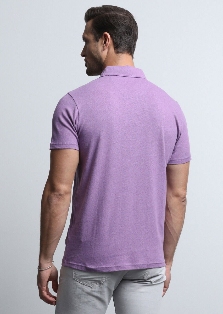 Mor Baskılı Polo Yaka Pamuk Karışımlı T-Shirt - 5