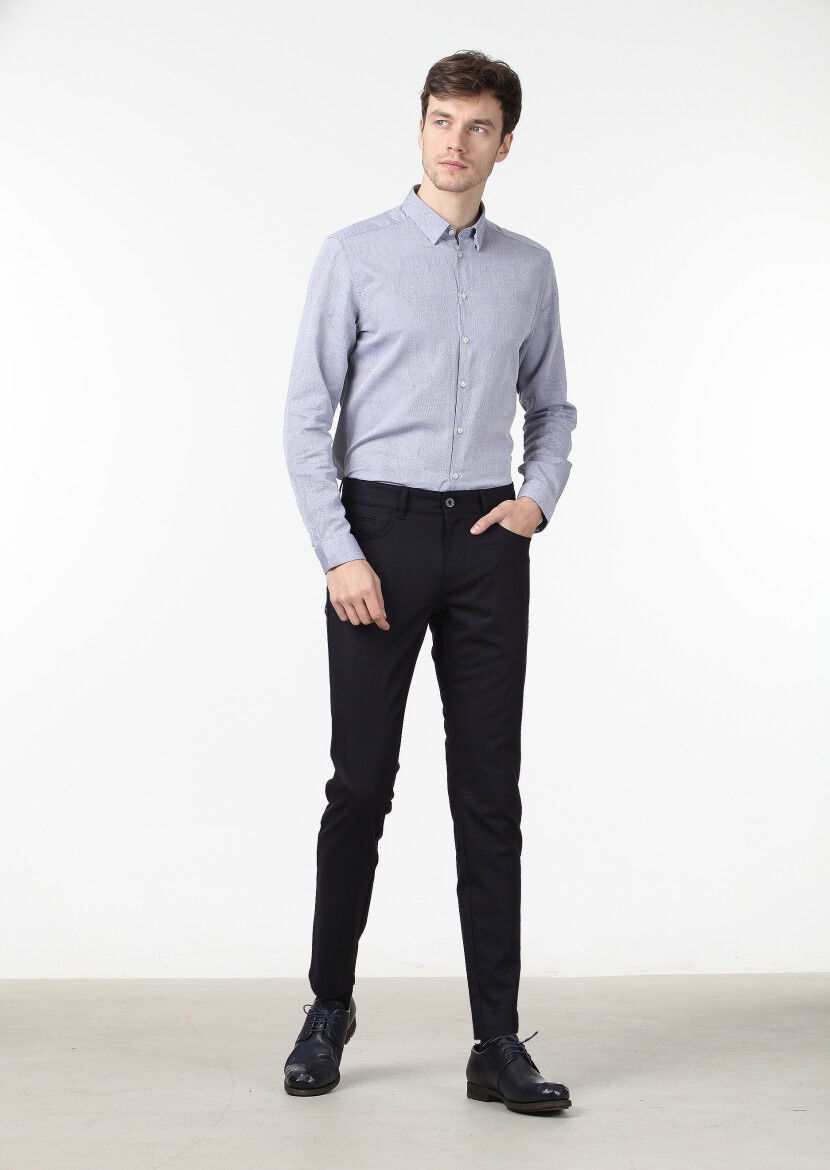 Mor Desenli Fitted Fit Dokuma Casual %100 Pamuk Gömlek - 2