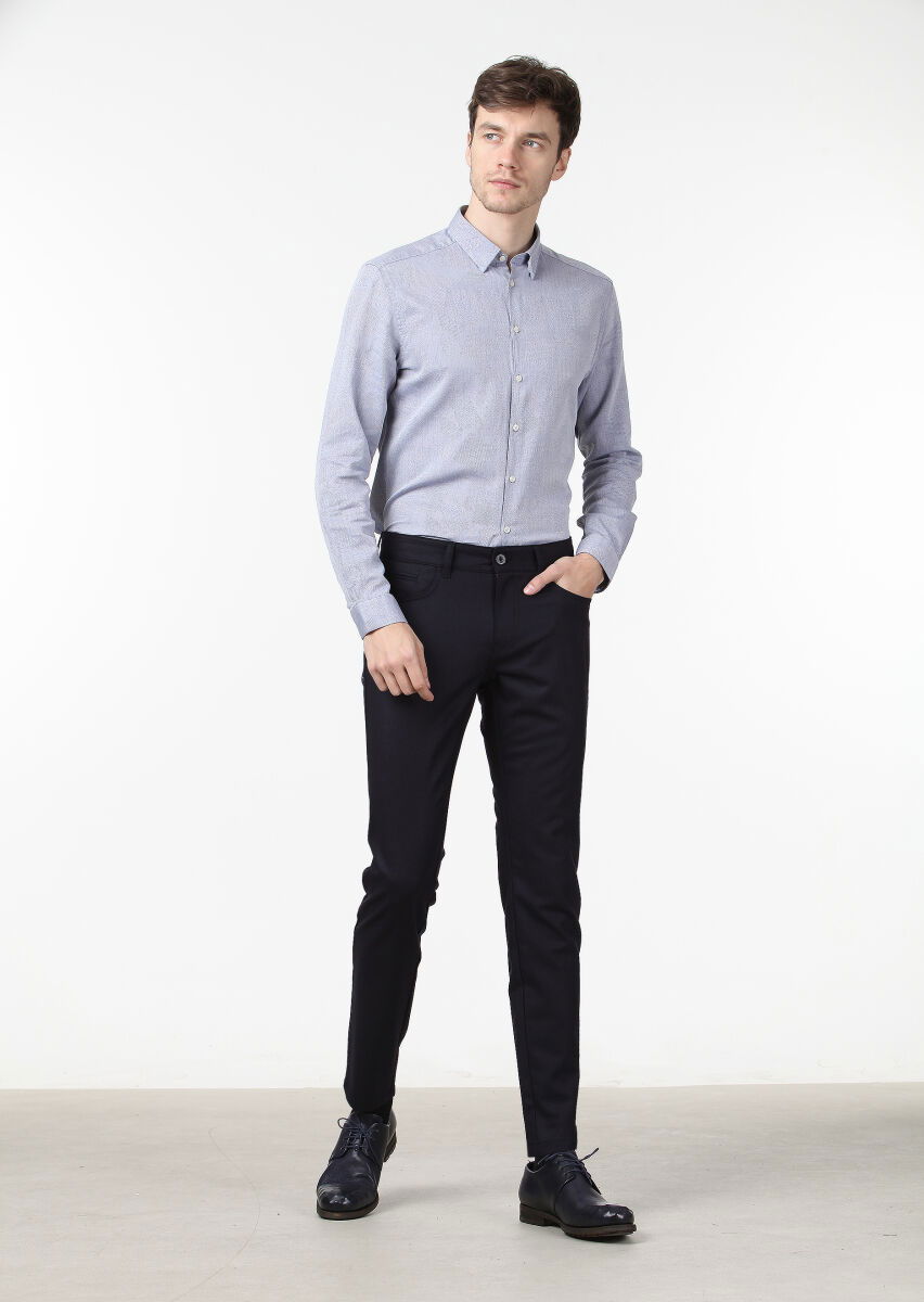 Mor Desenli Fitted Fit Dokuma Casual %100 Pamuk Gömlek - 2