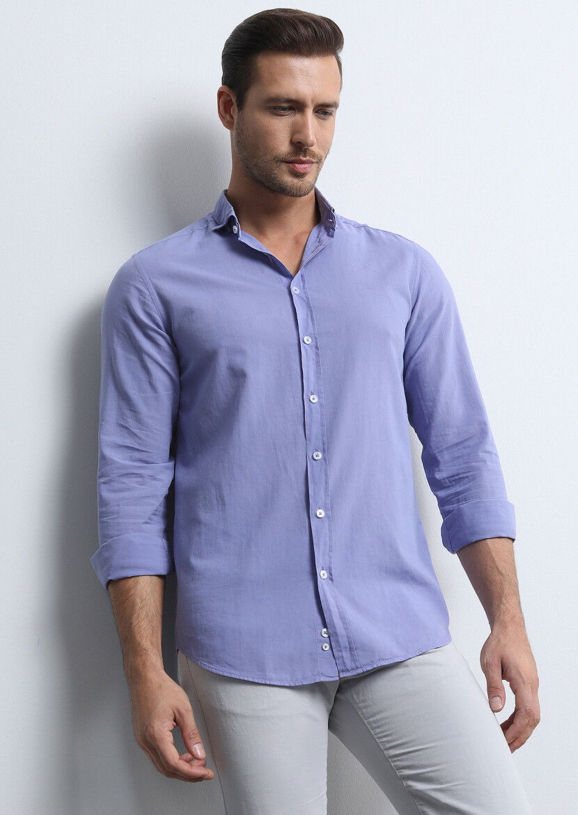 Mor Regular Fit Dokuma Denim %100 Pamuk Gömlek 