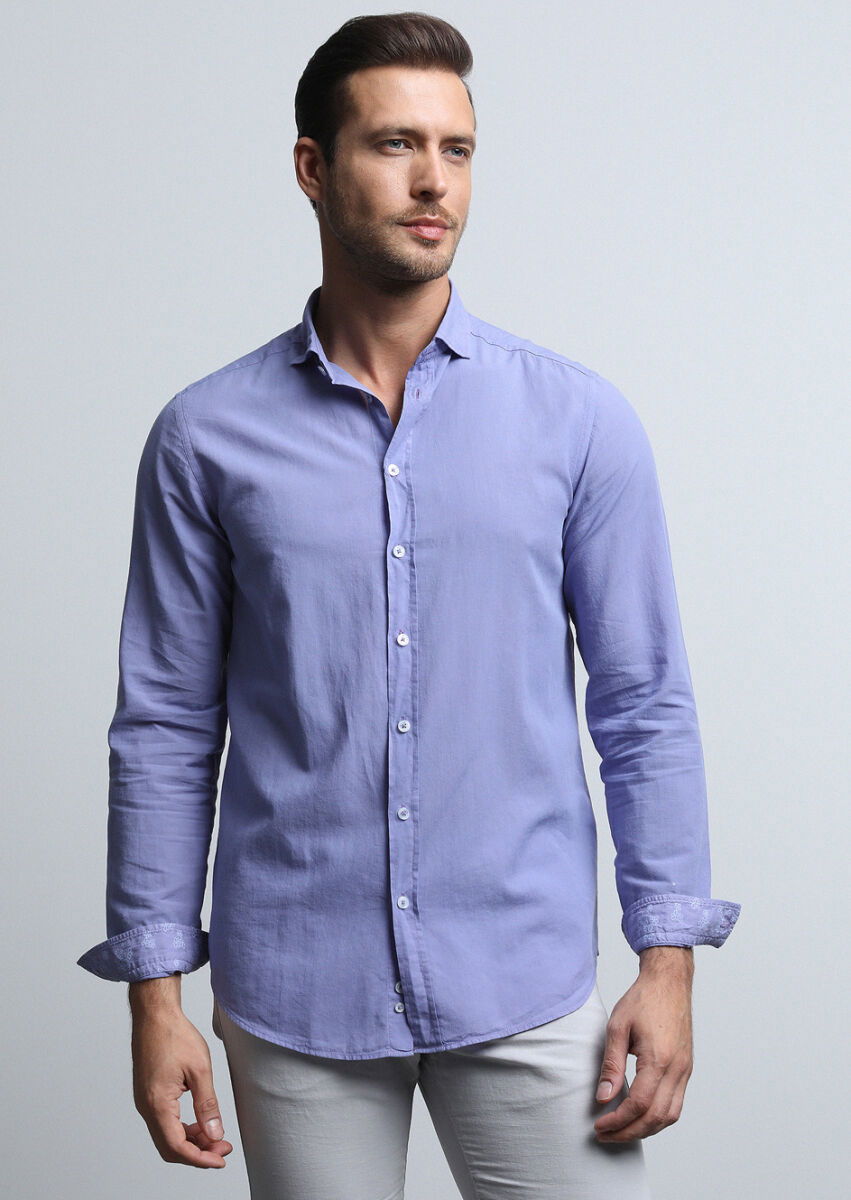Mor Regular Fit Dokuma Denim %100 Pamuk Gömlek - 2