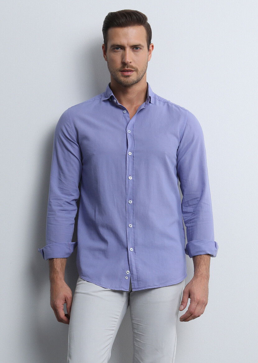 Mor Regular Fit Dokuma Denim %100 Pamuk Gömlek - 3