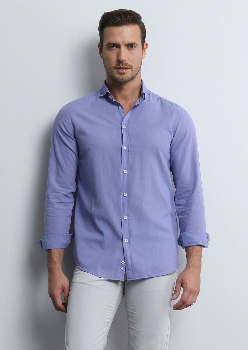 Mor Regular Fit Dokuma Denim %100 Pamuk Gömlek - 3