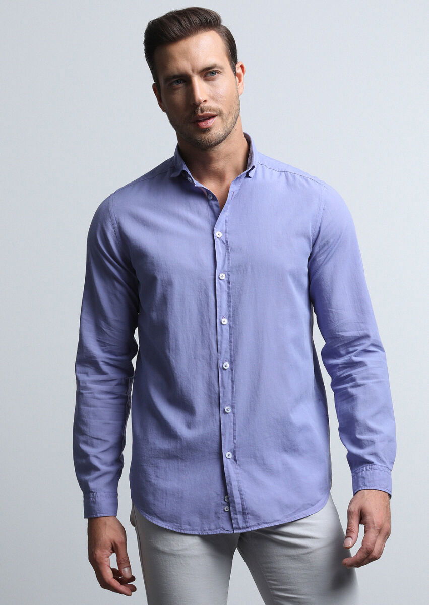 Mor Regular Fit Dokuma Denim %100 Pamuk Gömlek - 4