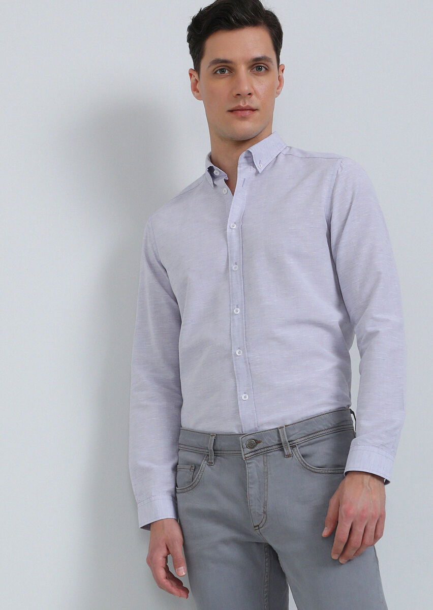 Mor Slim Fit Dokuma Casual Pamuk Karışımlı Gömlek - 1