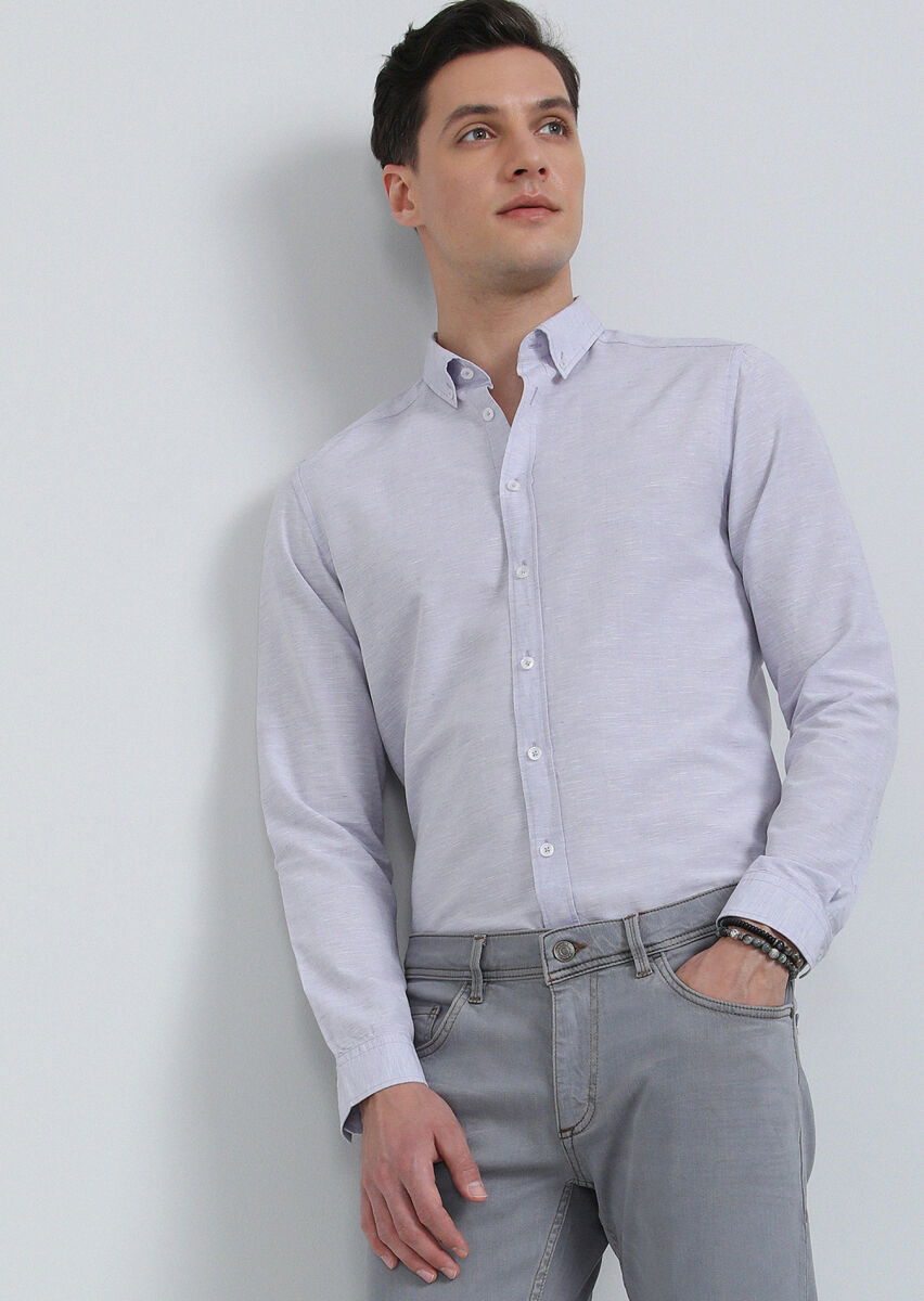 Mor Slim Fit Dokuma Casual Pamuk Karışımlı Gömlek - 4