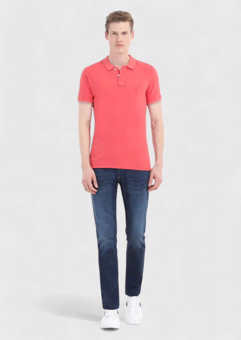 Nar Çiçeği Düz Polo Yaka %100 Pamuk T-Shirt 