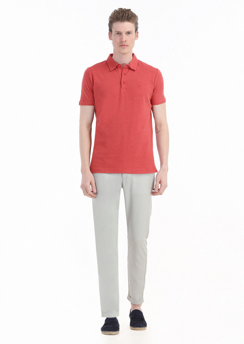 Nar Çiçeği Düz Polo Yaka Pamuk Karışımlı T-Shirt 