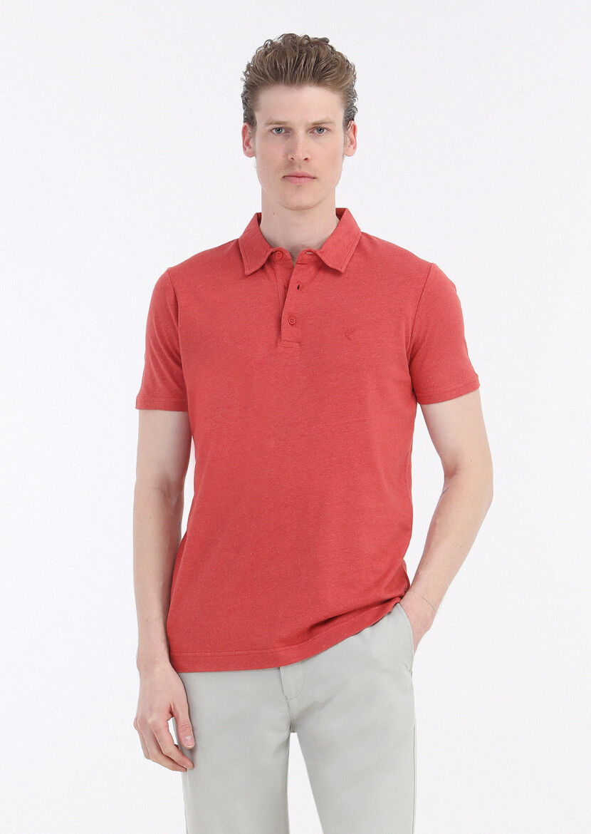 Nar Çiçeği Düz Polo Yaka Pamuk Karışımlı T-Shirt 