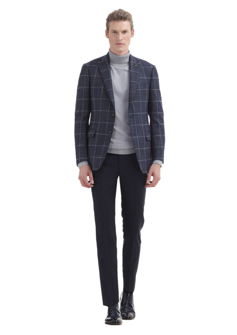 Navy Blue Checkered Regular Fit Silk Blended Jacket - 2